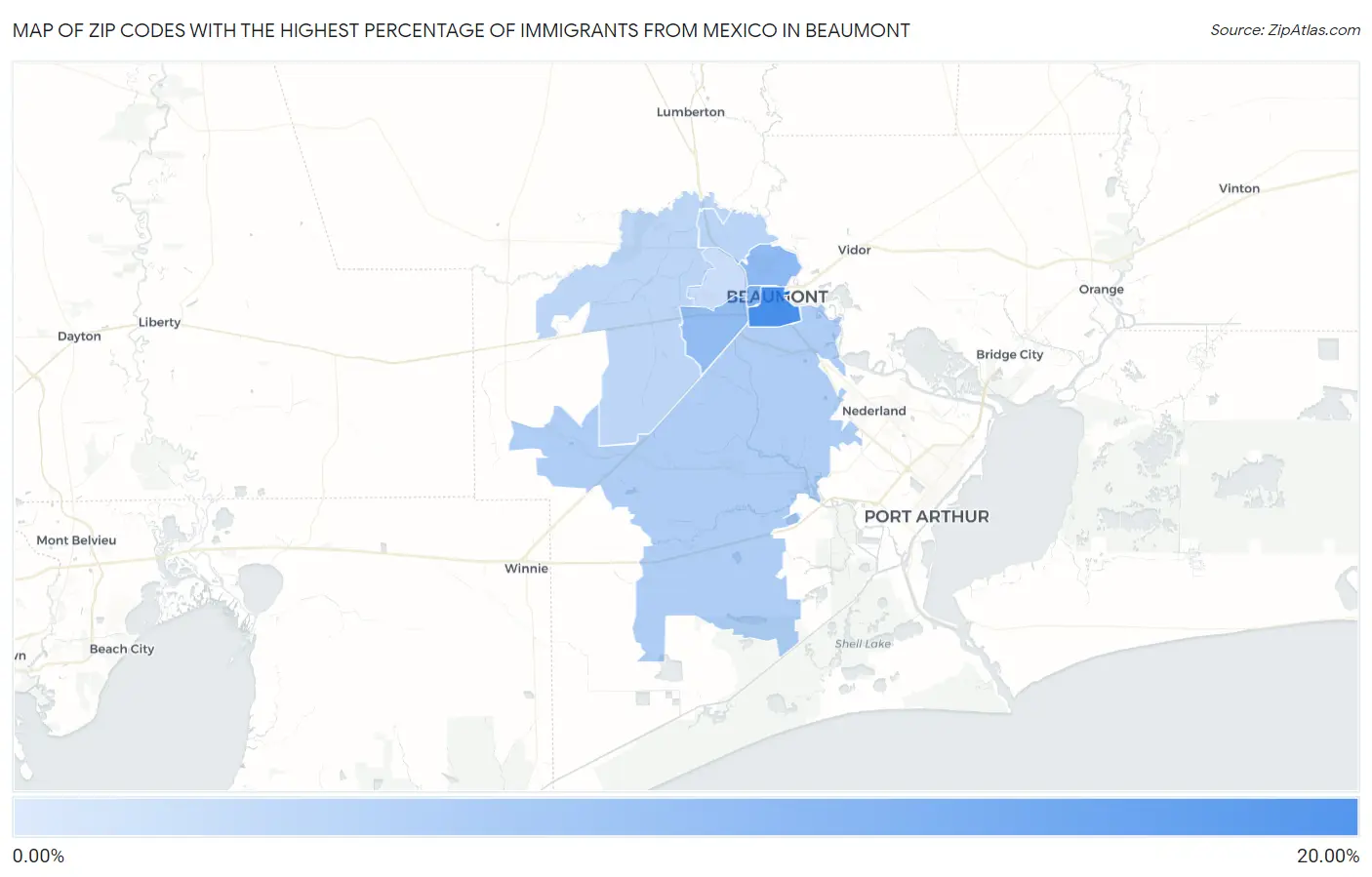 Zip Codes with the Highest Percentage of Immigrants from Mexico in Beaumont Map