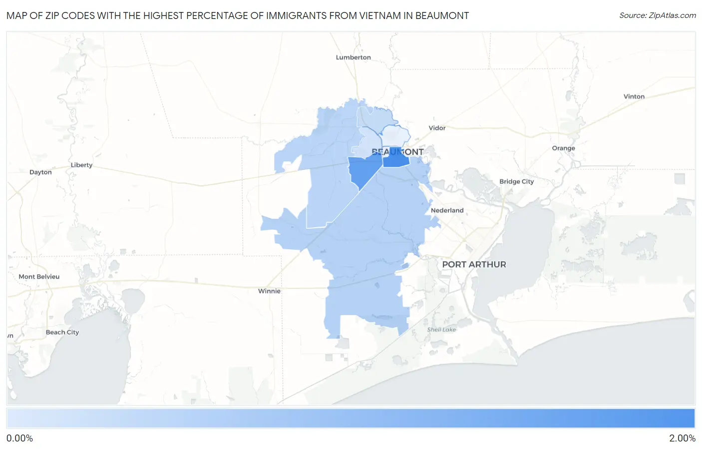 Zip Codes with the Highest Percentage of Immigrants from Vietnam in Beaumont Map