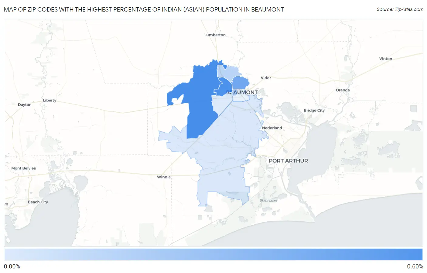 Zip Codes with the Highest Percentage of Indian (Asian) Population in Beaumont Map