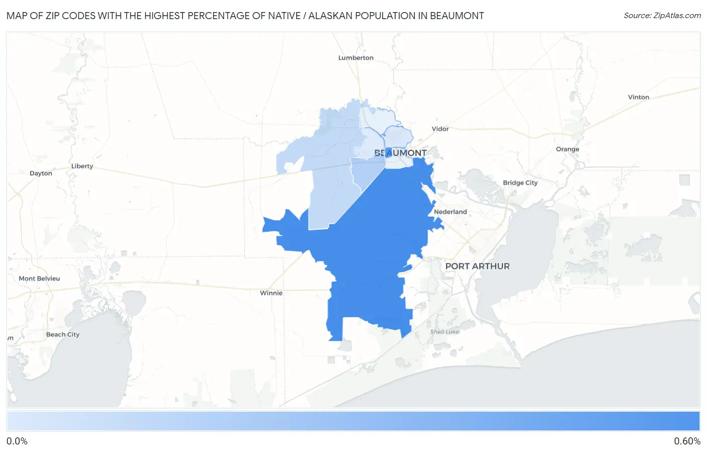 Zip Codes with the Highest Percentage of Native / Alaskan Population in Beaumont Map