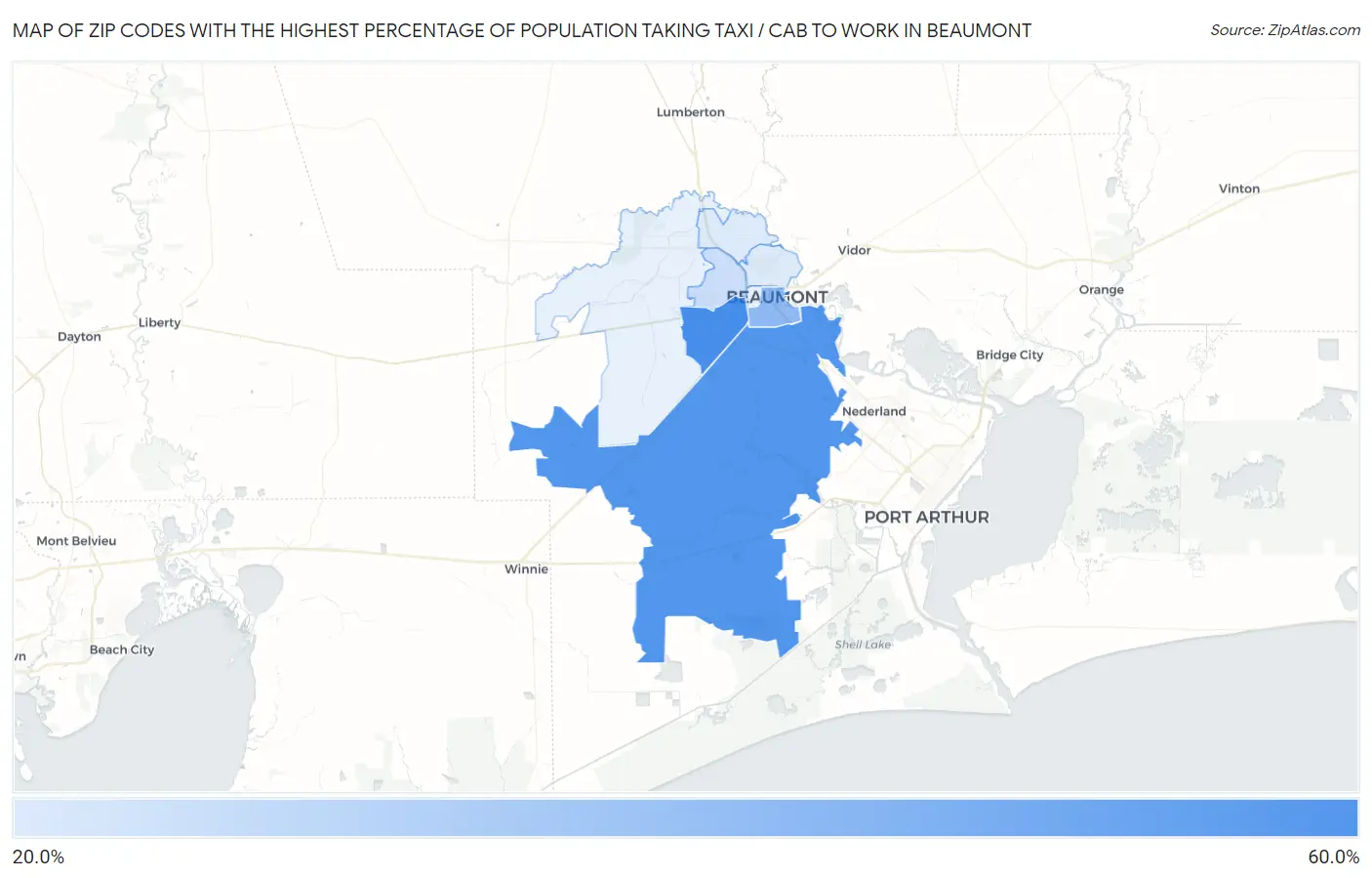 Zip Codes with the Highest Percentage of Population Taking Taxi / Cab to Work in Beaumont Map