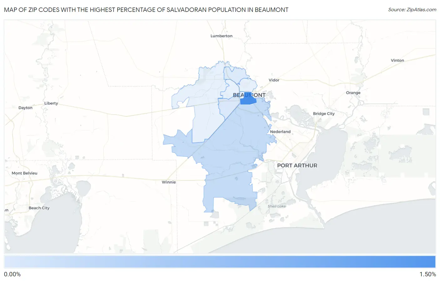 Zip Codes with the Highest Percentage of Salvadoran Population in Beaumont Map