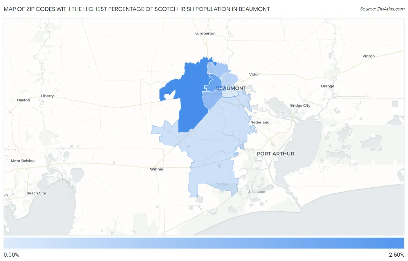 Zip Codes with the Highest Percentage of Scotch-Irish Population in Beaumont Map