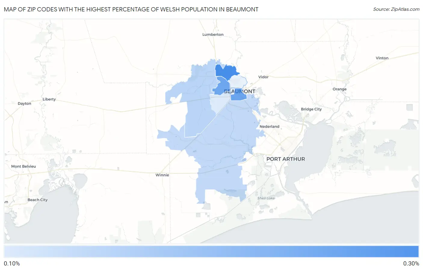 Zip Codes with the Highest Percentage of Welsh Population in Beaumont Map