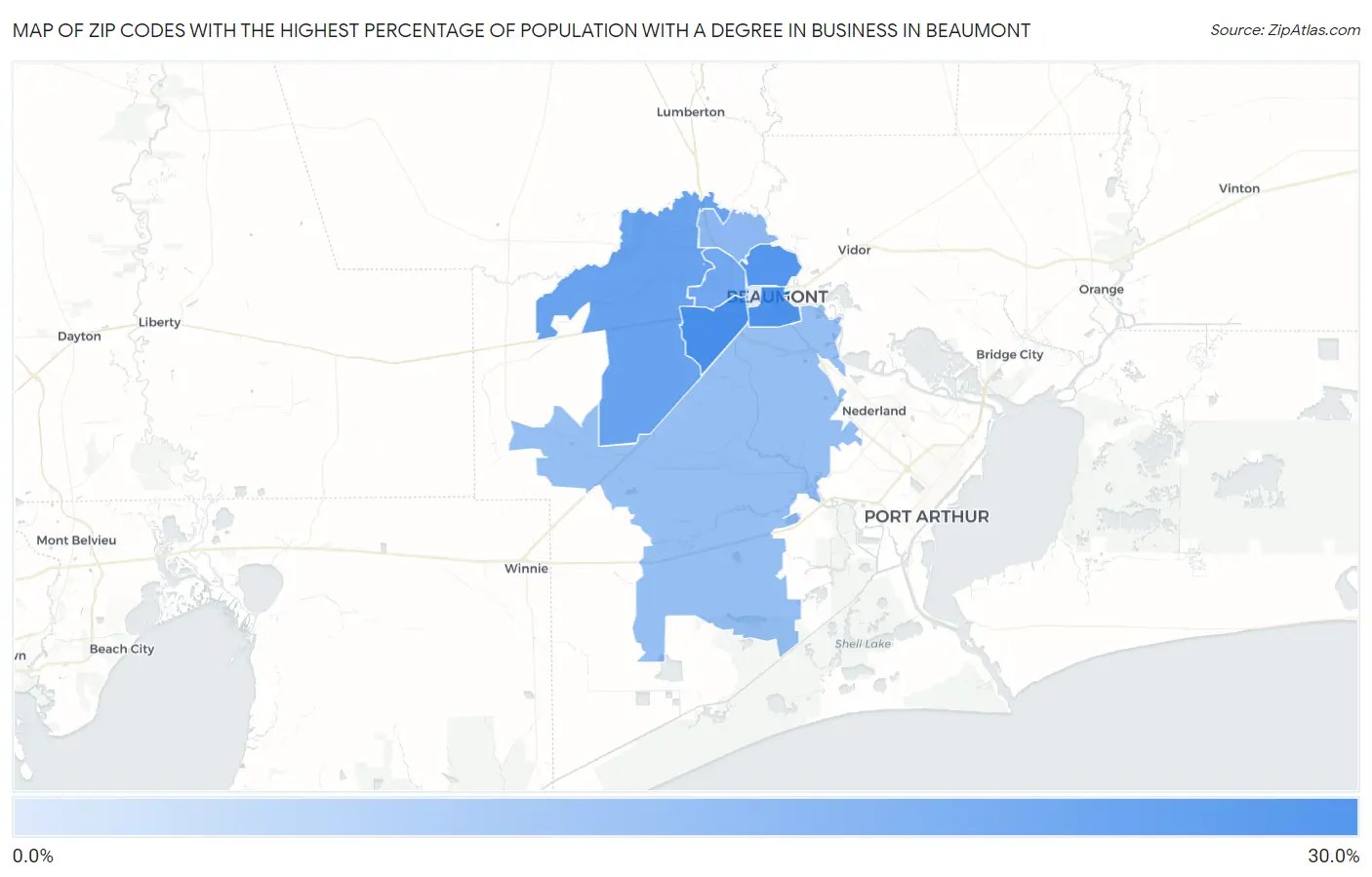 Zip Codes with the Highest Percentage of Population with a Degree in Business in Beaumont Map
