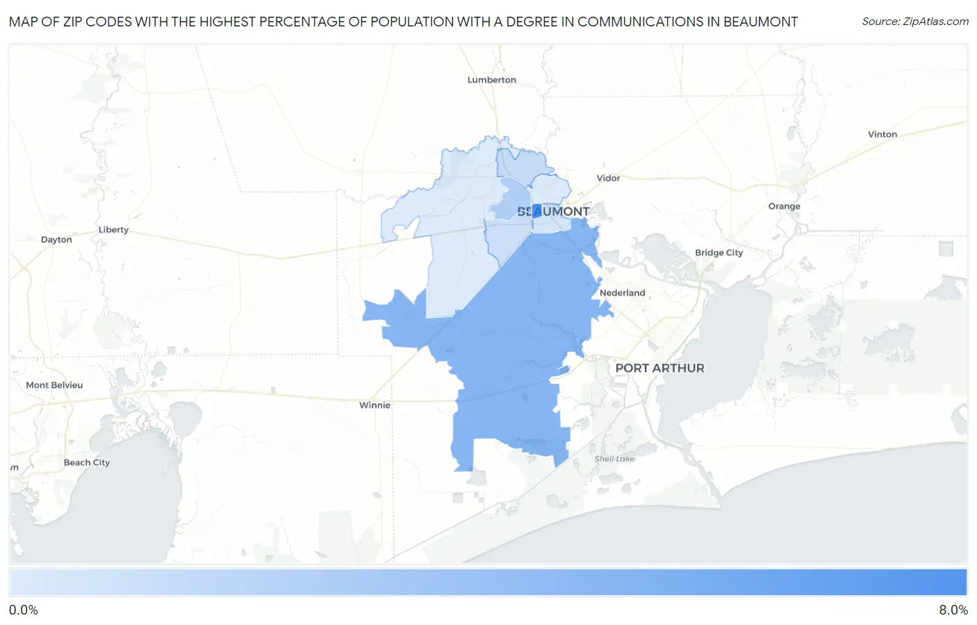 Zip Codes with the Highest Percentage of Population with a Degree in Communications in Beaumont Map