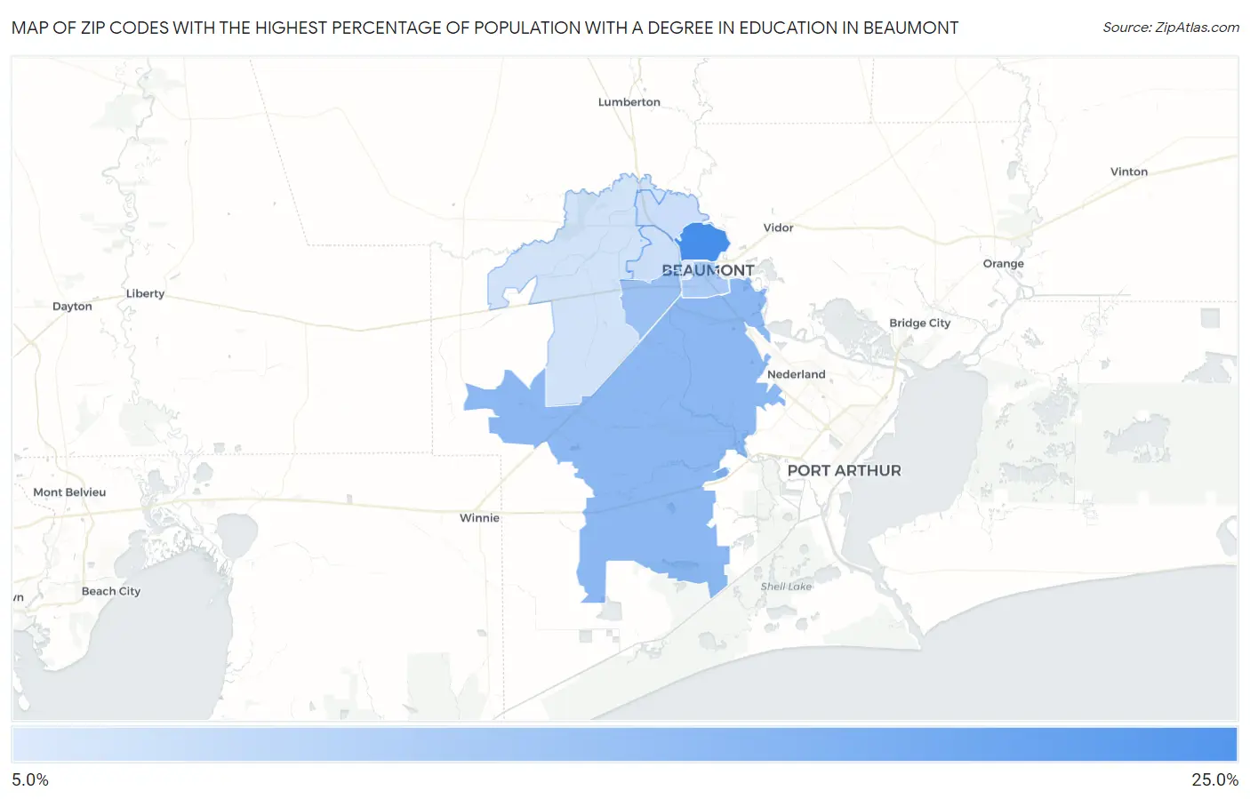 Zip Codes with the Highest Percentage of Population with a Degree in Education in Beaumont Map