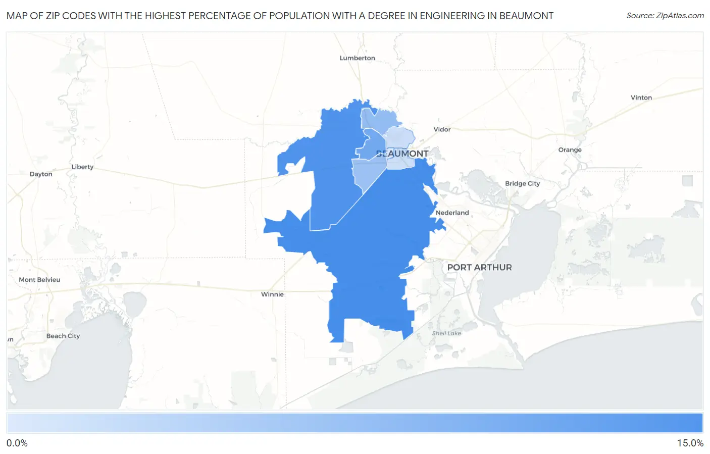 Zip Codes with the Highest Percentage of Population with a Degree in Engineering in Beaumont Map