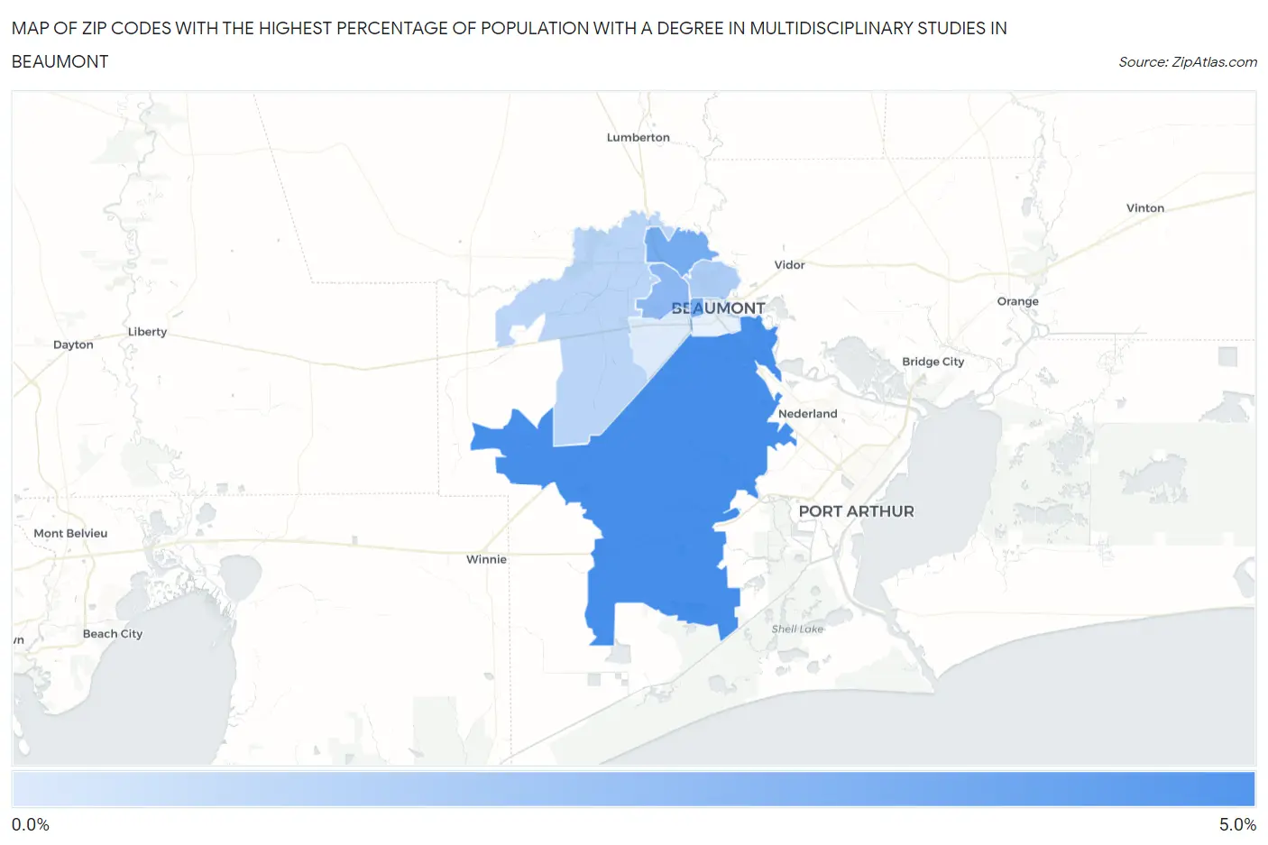 Zip Codes with the Highest Percentage of Population with a Degree in Multidisciplinary Studies in Beaumont Map