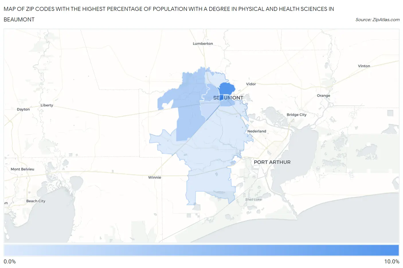 Zip Codes with the Highest Percentage of Population with a Degree in Physical and Health Sciences in Beaumont Map
