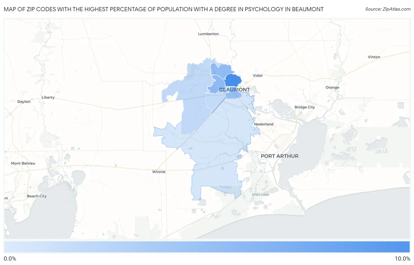 Zip Codes with the Highest Percentage of Population with a Degree in Psychology in Beaumont Map