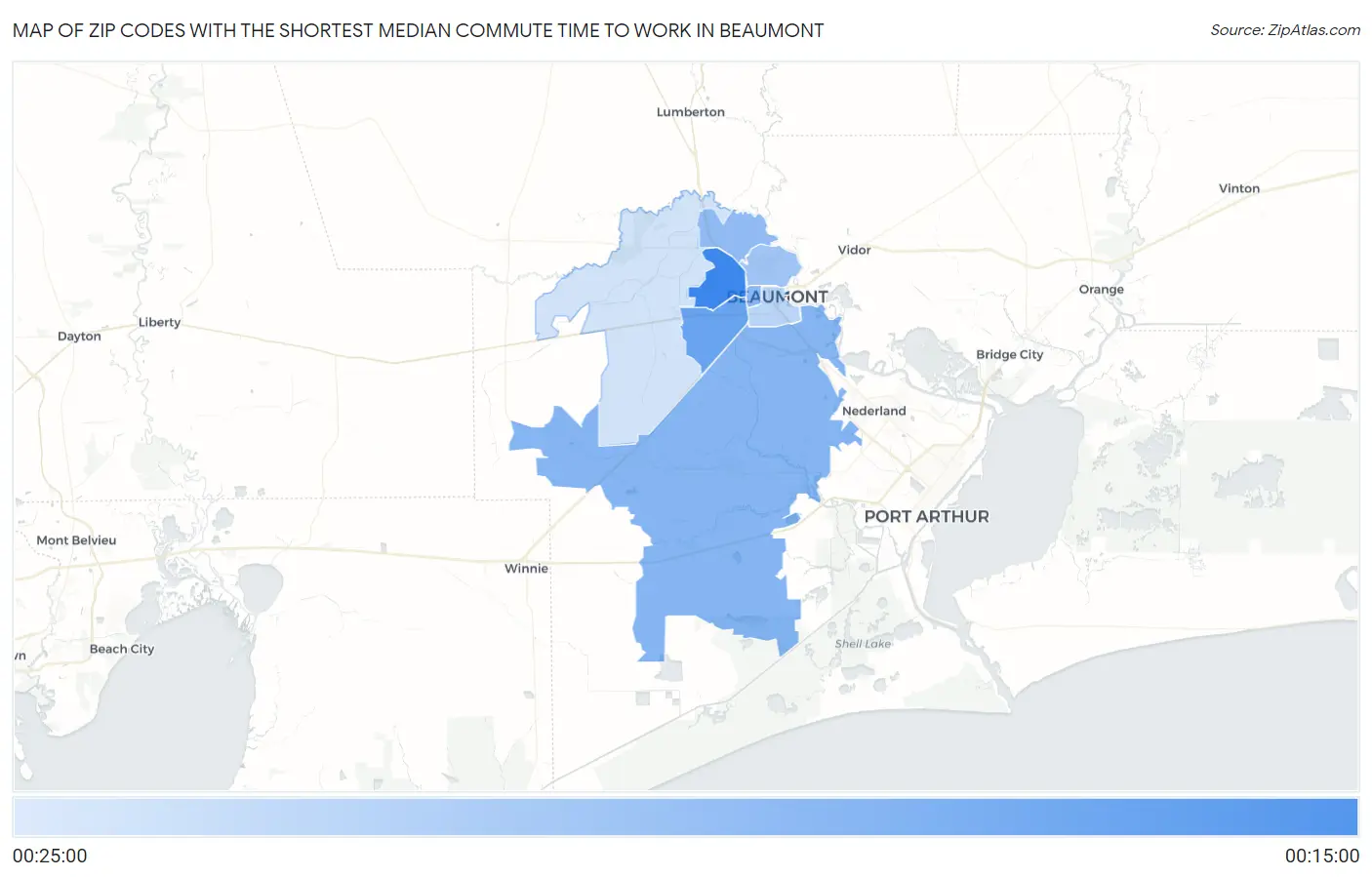 Zip Codes with the Shortest Median Commute Time to Work in Beaumont Map
