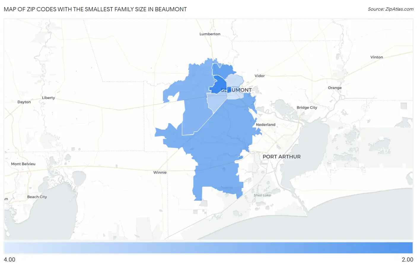 Zip Codes with the Smallest Family Size in Beaumont Map