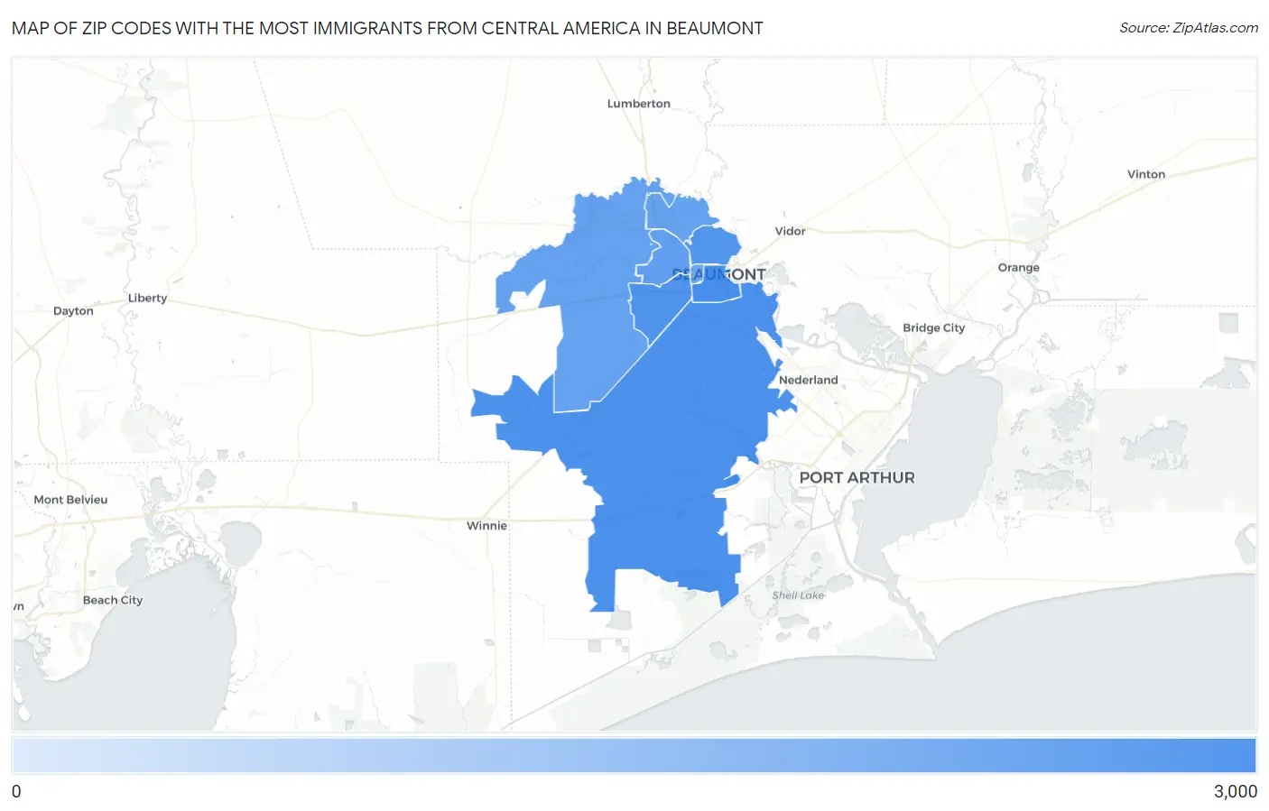 Zip Codes with the Most Immigrants from Central America in Beaumont Map
