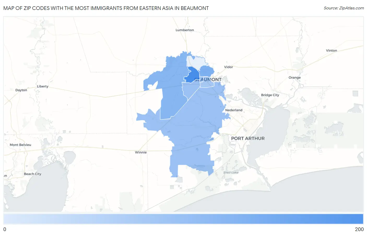 Zip Codes with the Most Immigrants from Eastern Asia in Beaumont Map