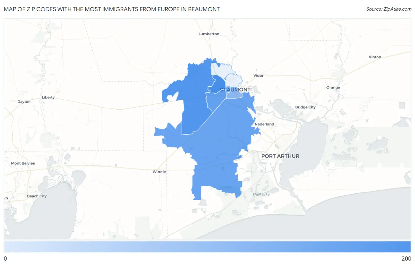 Zip Codes with the Most Immigrants from Europe in Beaumont Map