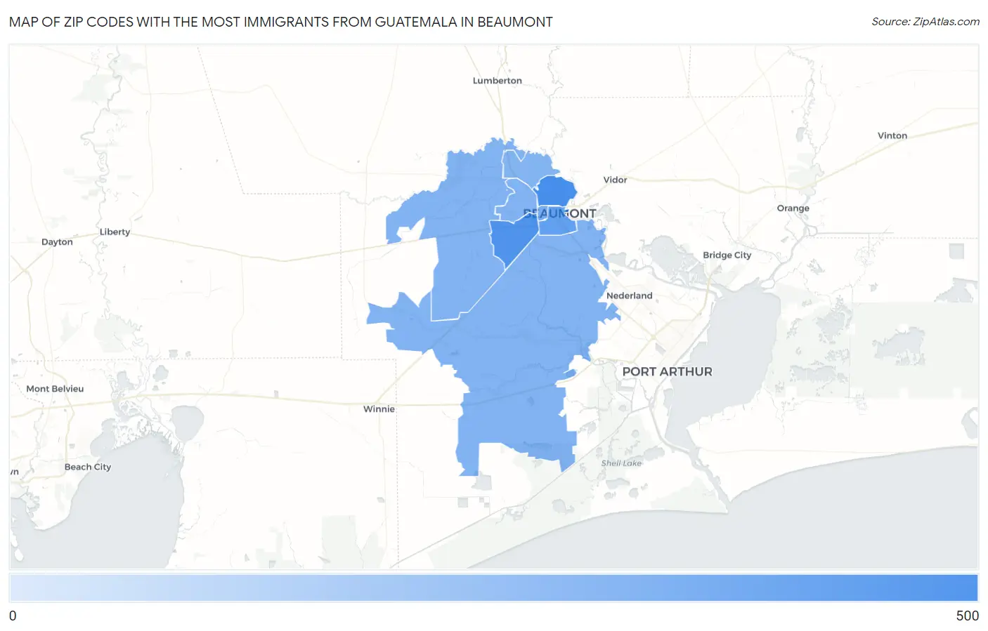 Zip Codes with the Most Immigrants from Guatemala in Beaumont Map