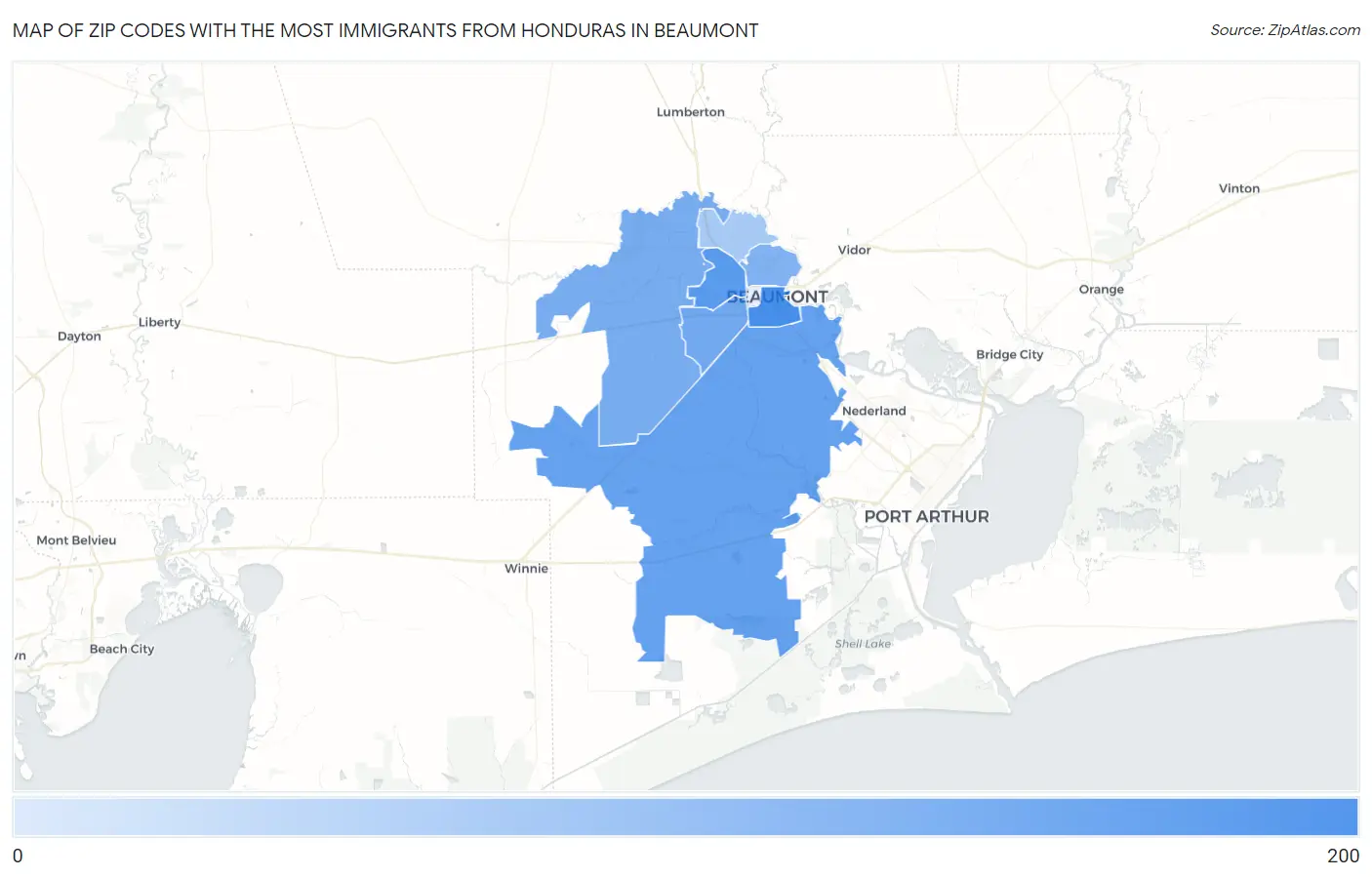 Zip Codes with the Most Immigrants from Honduras in Beaumont Map