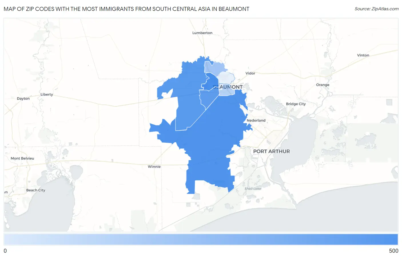 Zip Codes with the Most Immigrants from South Central Asia in Beaumont Map