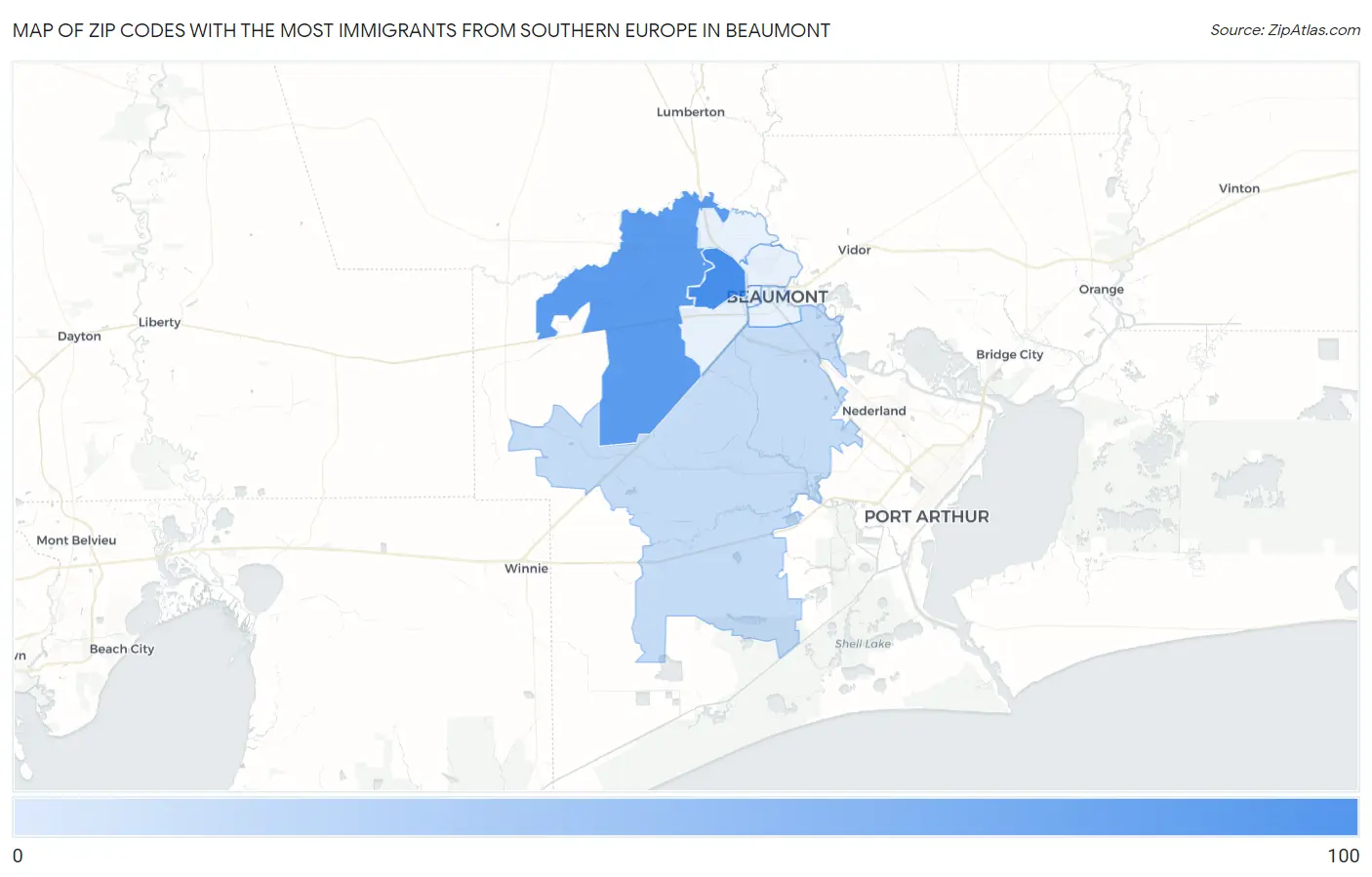 Zip Codes with the Most Immigrants from Southern Europe in Beaumont Map