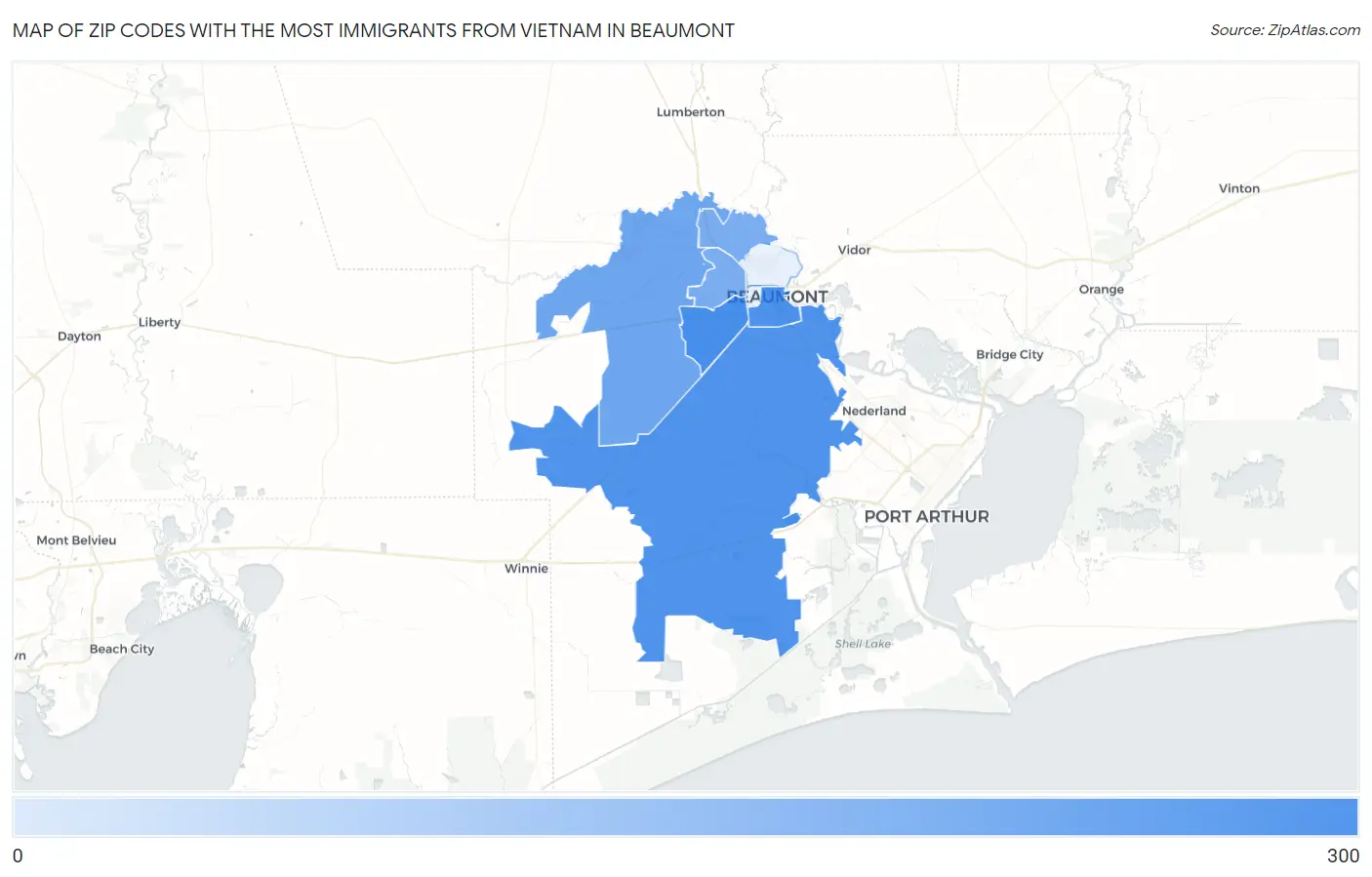 Zip Codes with the Most Immigrants from Vietnam in Beaumont Map