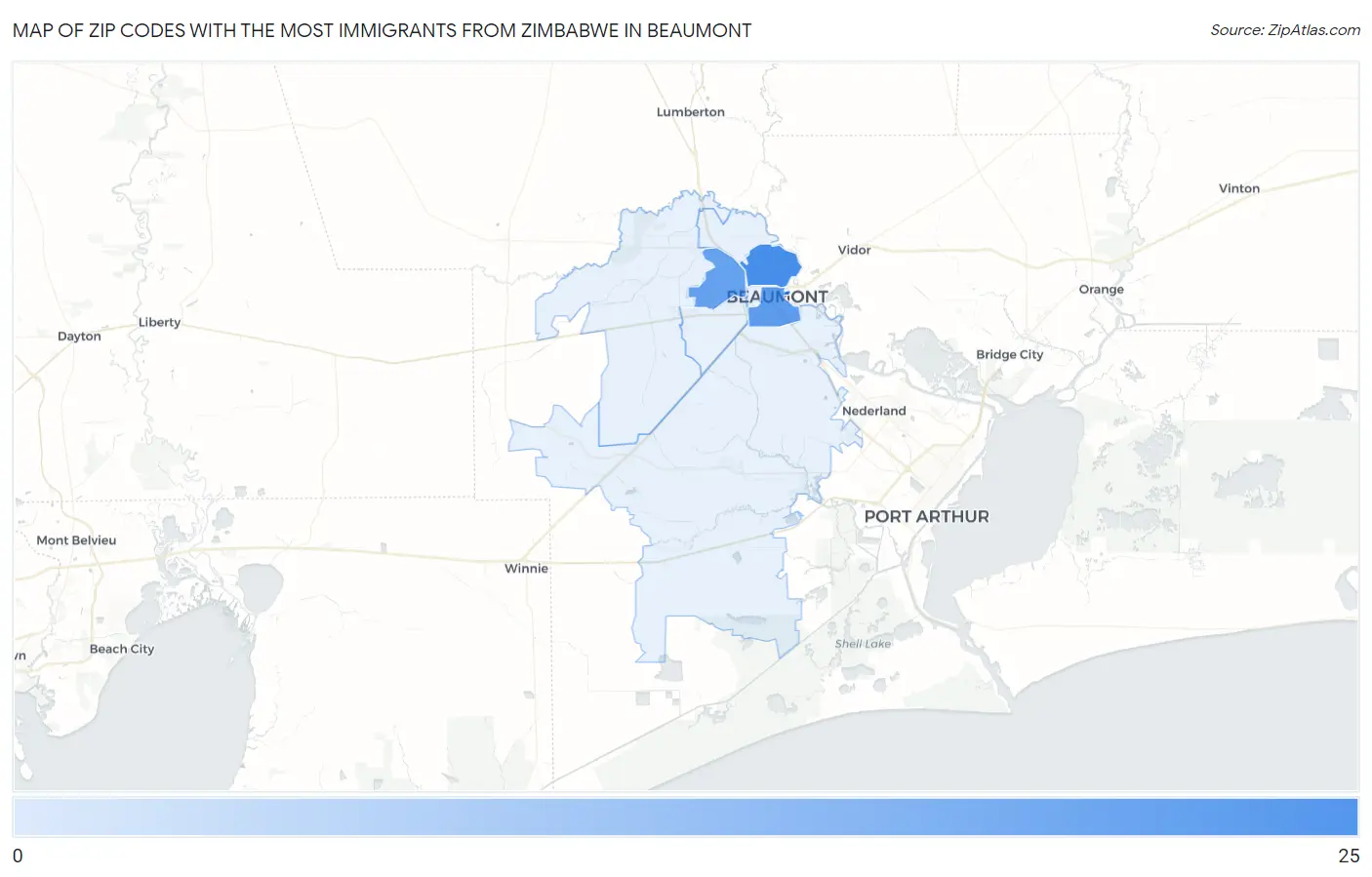 Zip Codes with the Most Immigrants from Zimbabwe in Beaumont Map