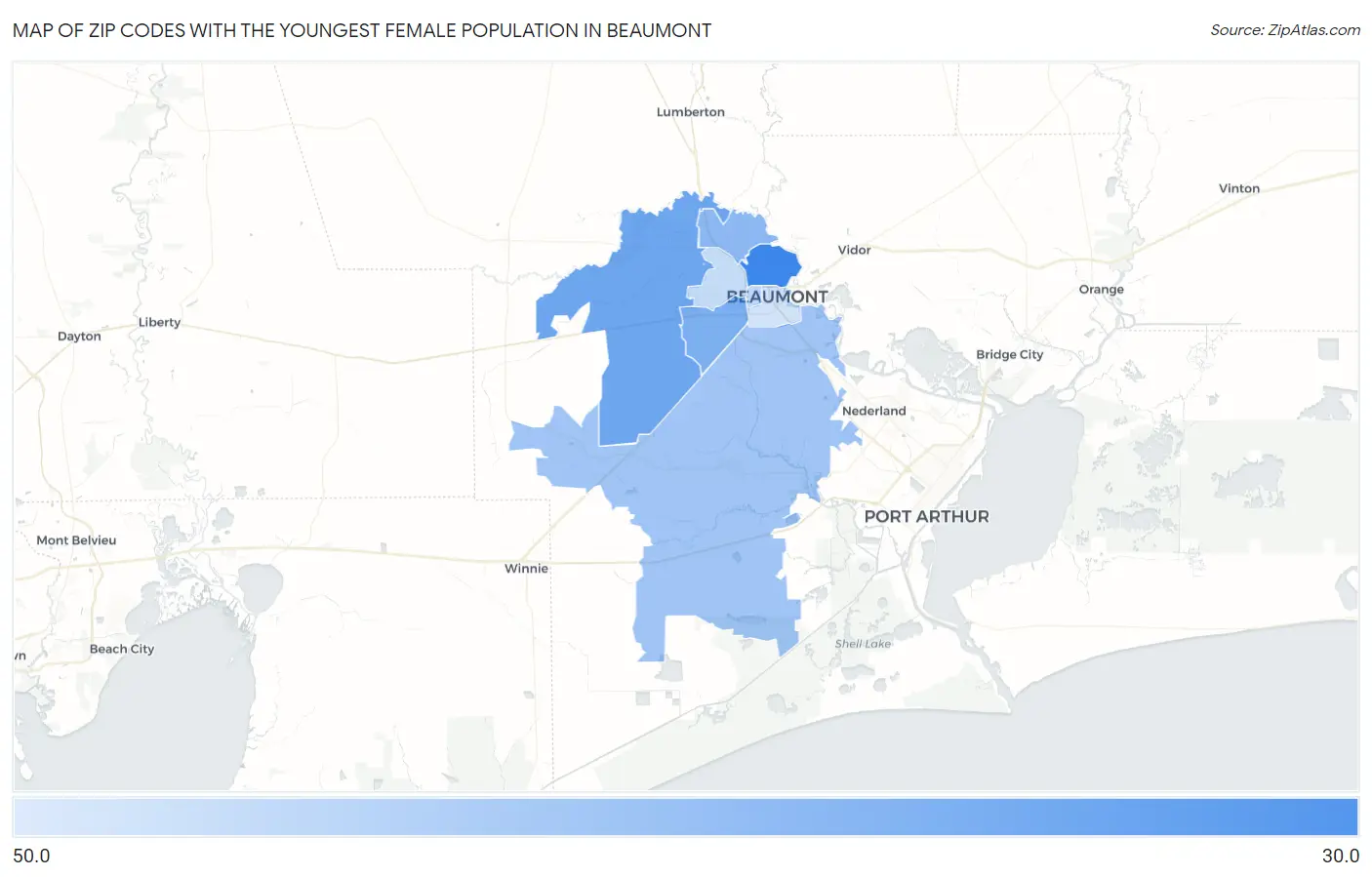 Zip Codes with the Youngest Female Population in Beaumont Map