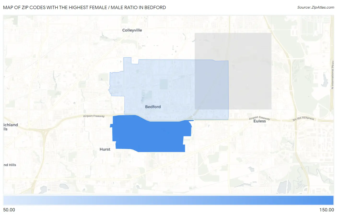 Zip Codes with the Highest Female / Male Ratio in Bedford Map