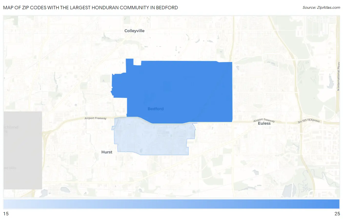 Zip Codes with the Largest Honduran Community in Bedford Map