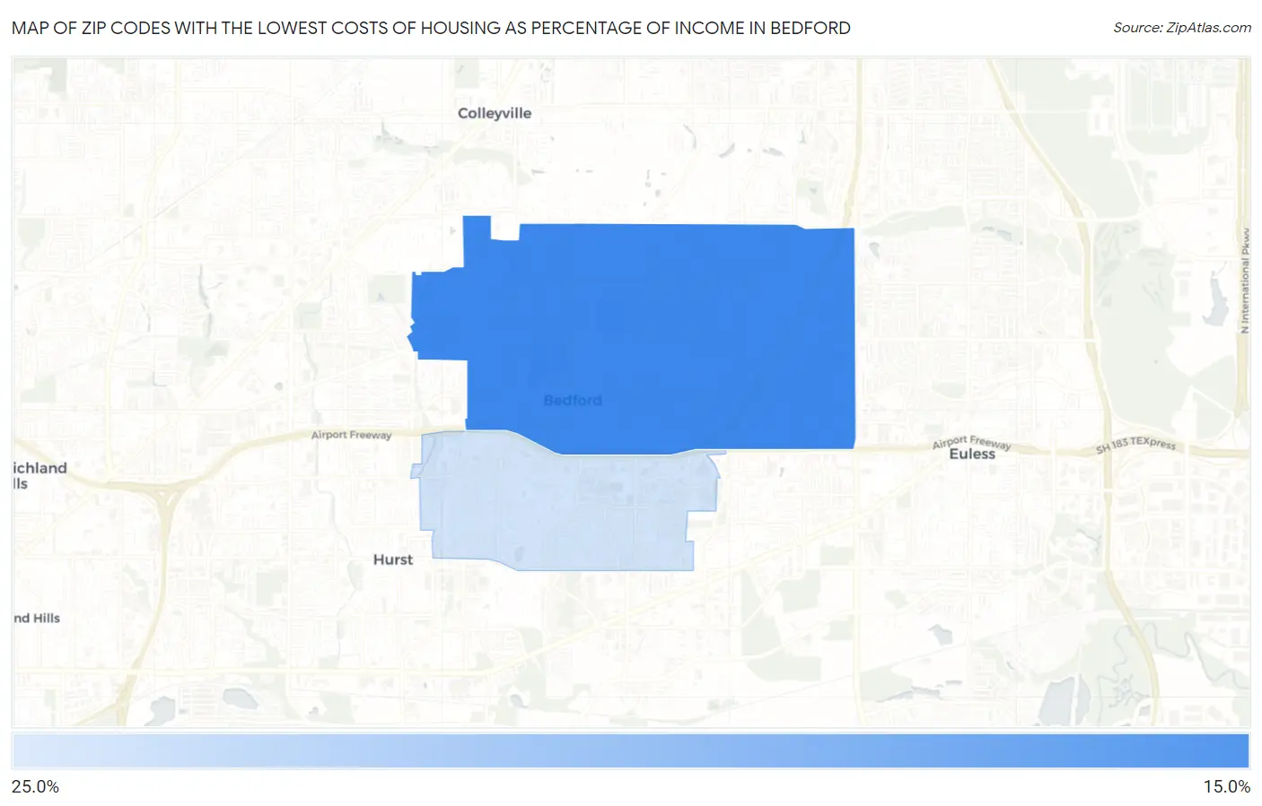 Zip Codes with the Lowest Costs of Housing as Percentage of Income in Bedford Map