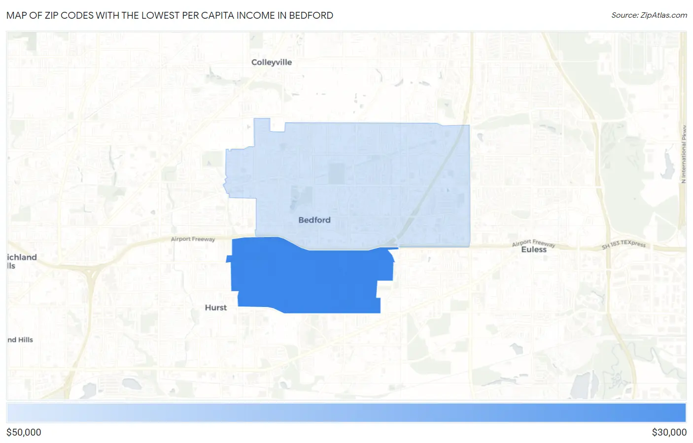 Zip Codes with the Lowest Per Capita Income in Bedford Map