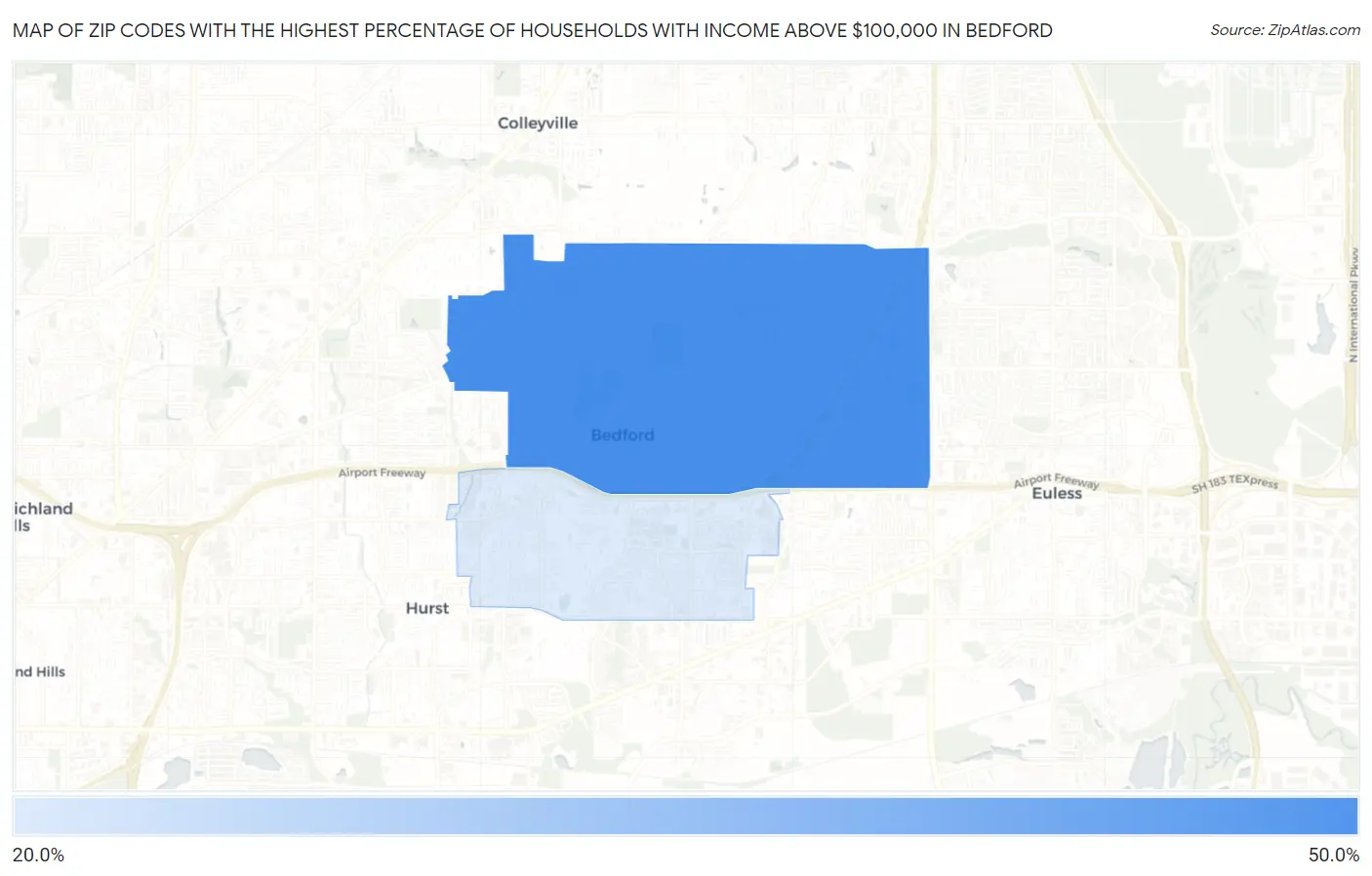 Zip Codes with the Highest Percentage of Households with Income Above $100,000 in Bedford Map