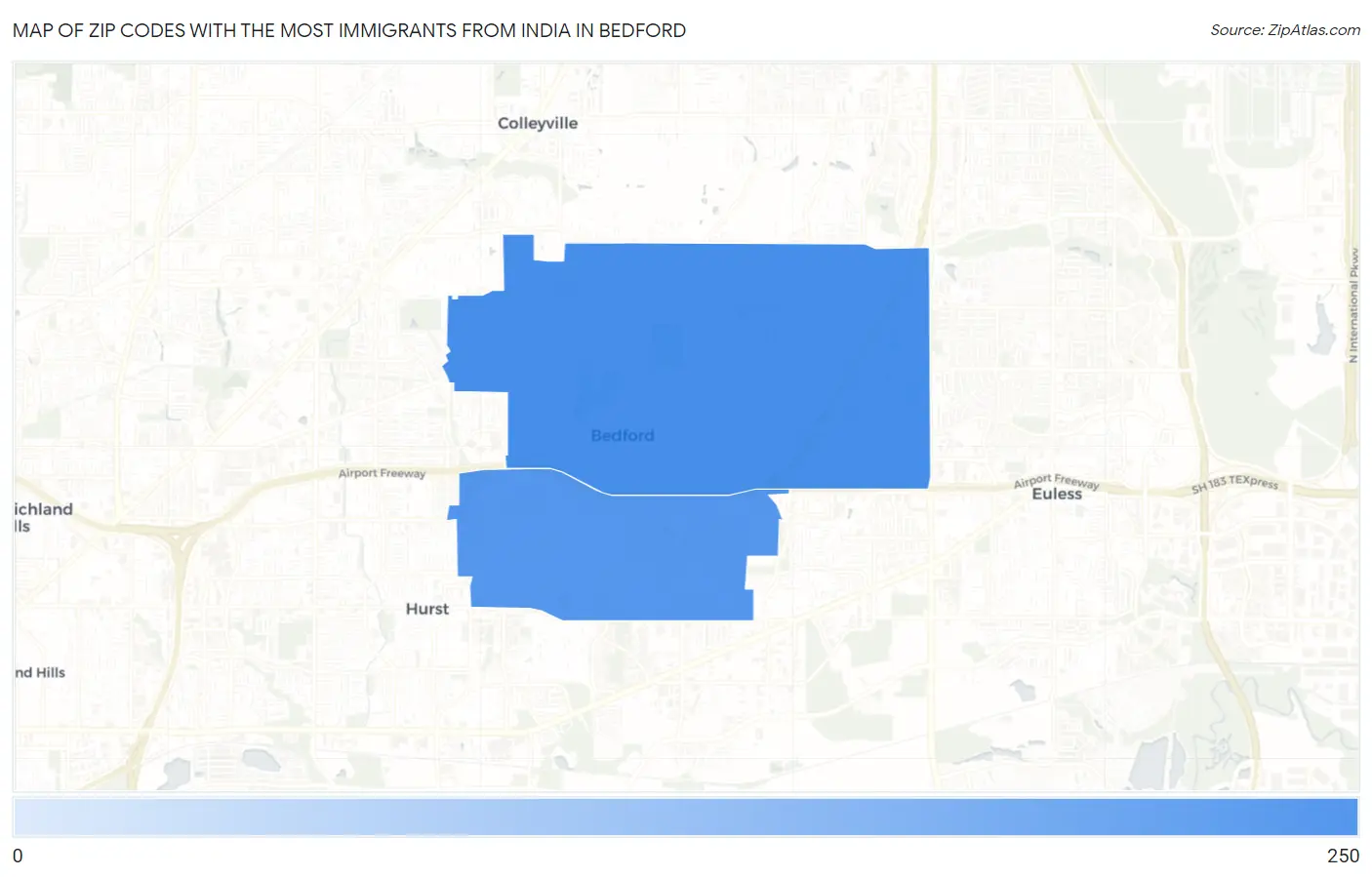 Zip Codes with the Most Immigrants from India in Bedford Map