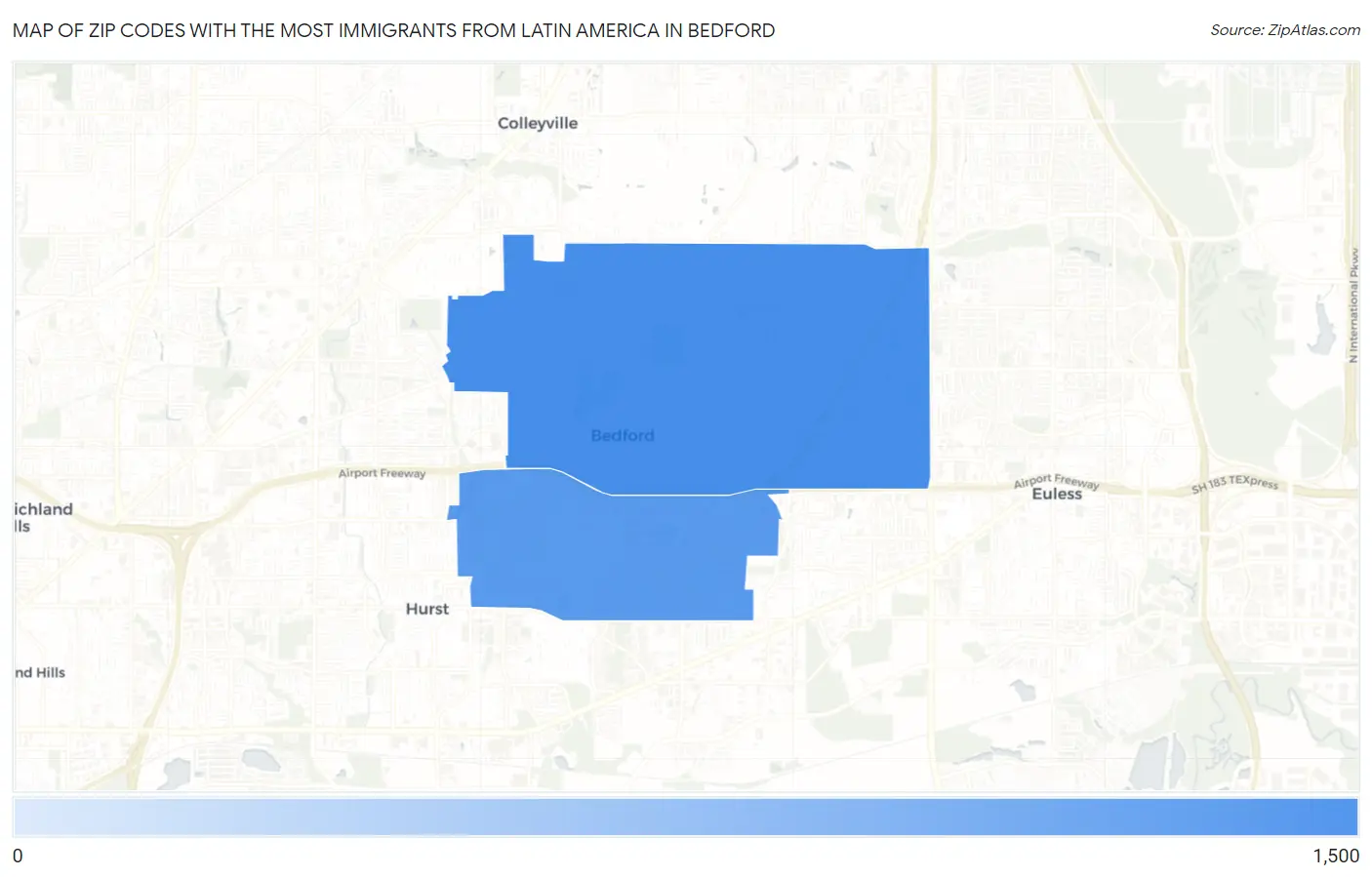 Zip Codes with the Most Immigrants from Latin America in Bedford Map
