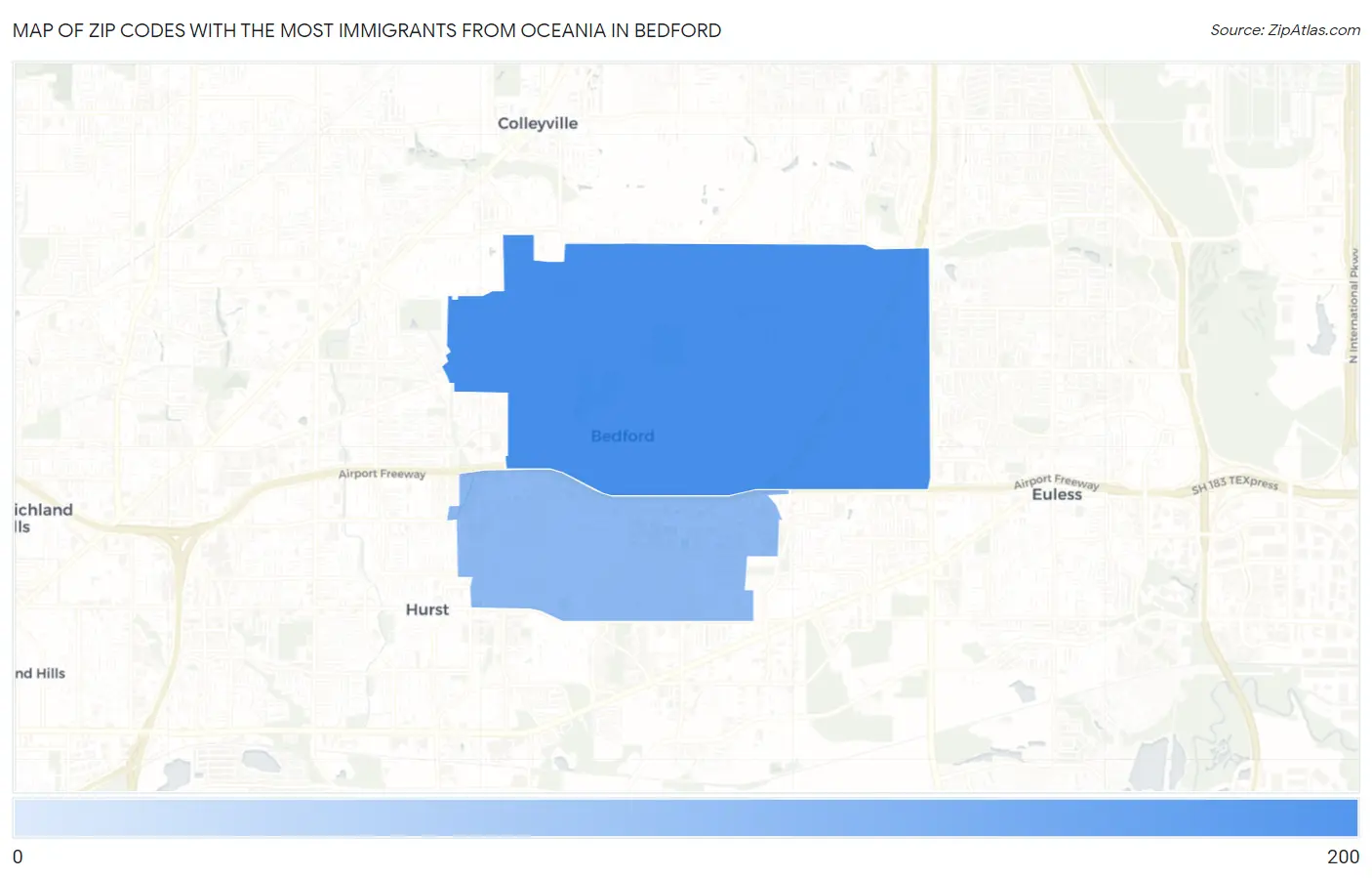 Zip Codes with the Most Immigrants from Oceania in Bedford Map