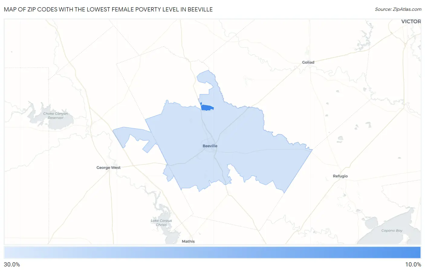 Zip Codes with the Lowest Female Poverty Level in Beeville Map