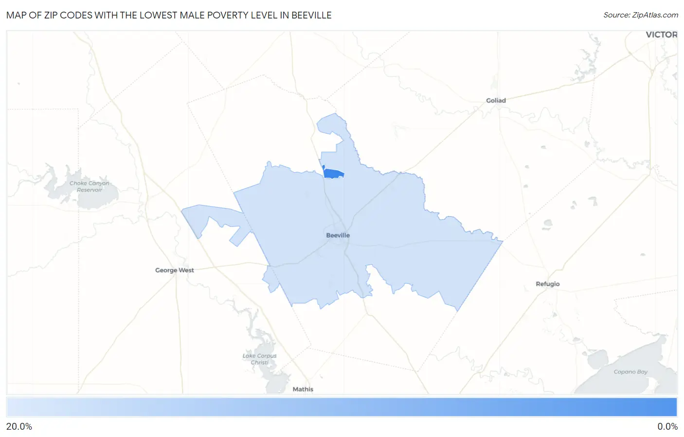 Zip Codes with the Lowest Male Poverty Level in Beeville Map