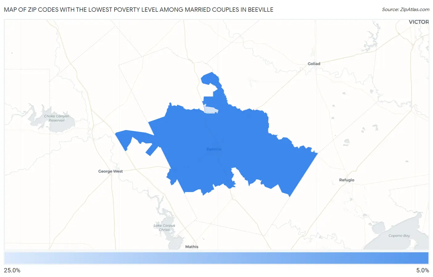 Zip Codes with the Lowest Poverty Level Among Married Couples in Beeville Map