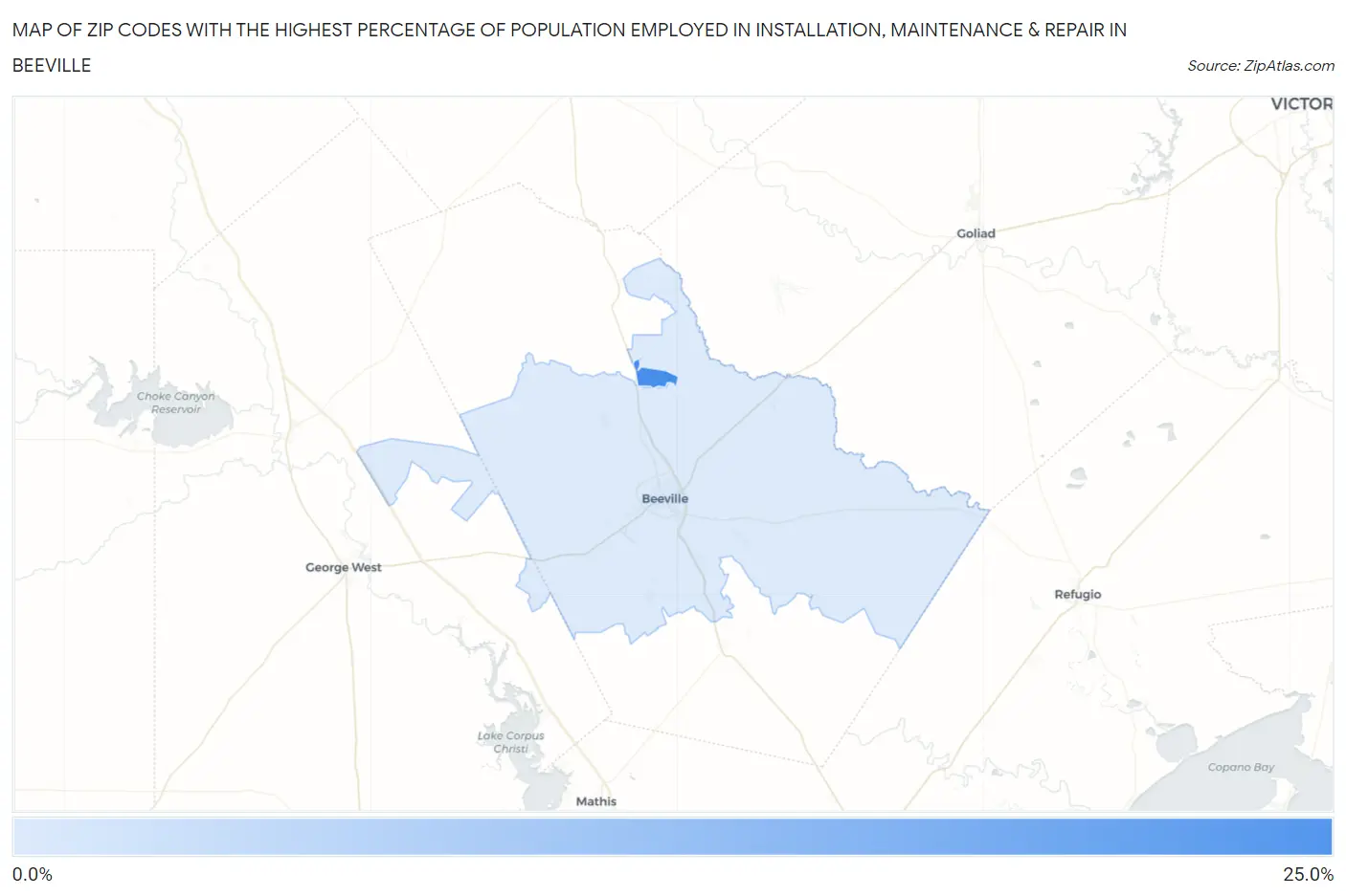 Zip Codes with the Highest Percentage of Population Employed in Installation, Maintenance & Repair in Beeville Map