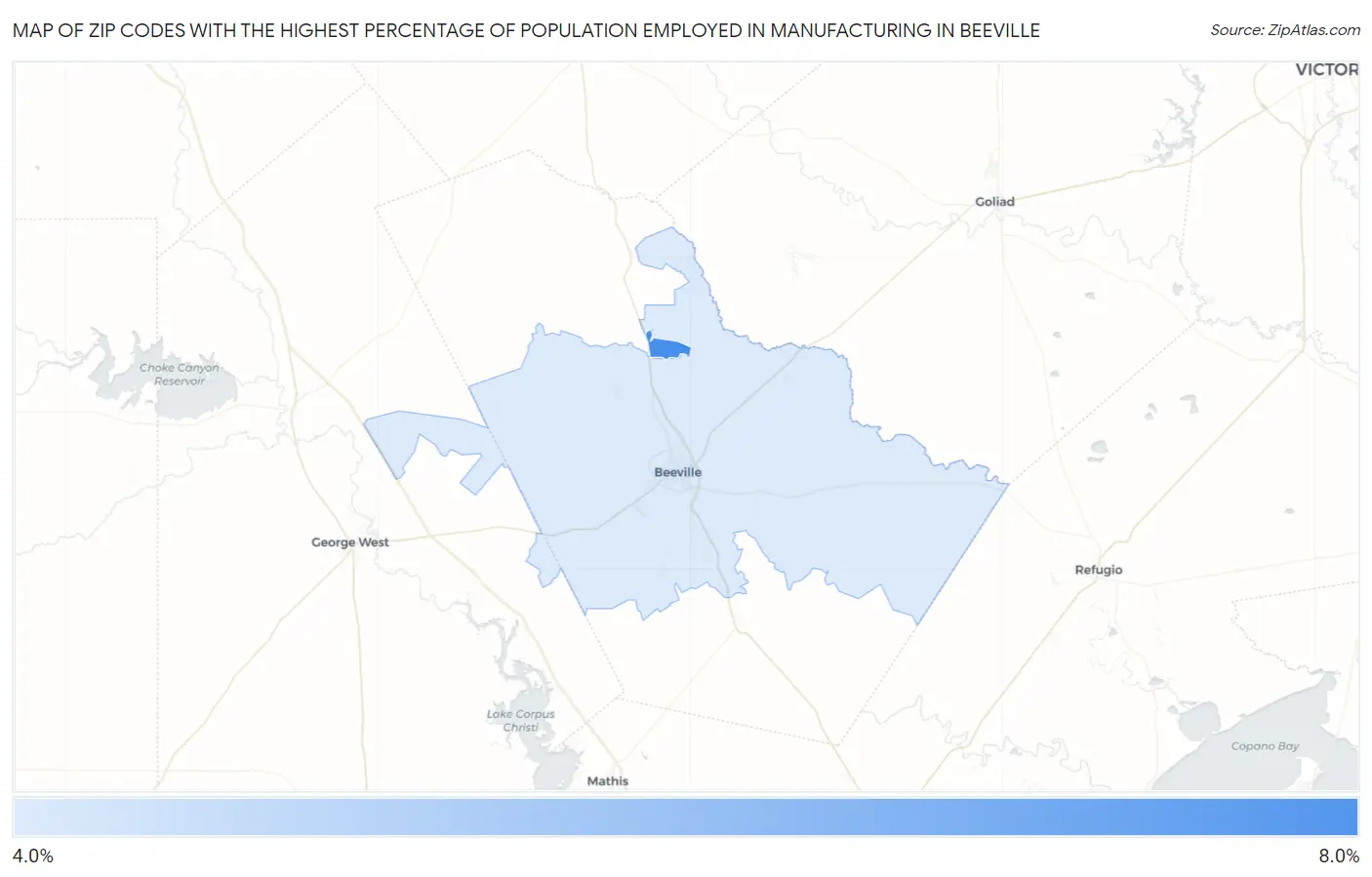 Zip Codes with the Highest Percentage of Population Employed in Manufacturing in Beeville Map