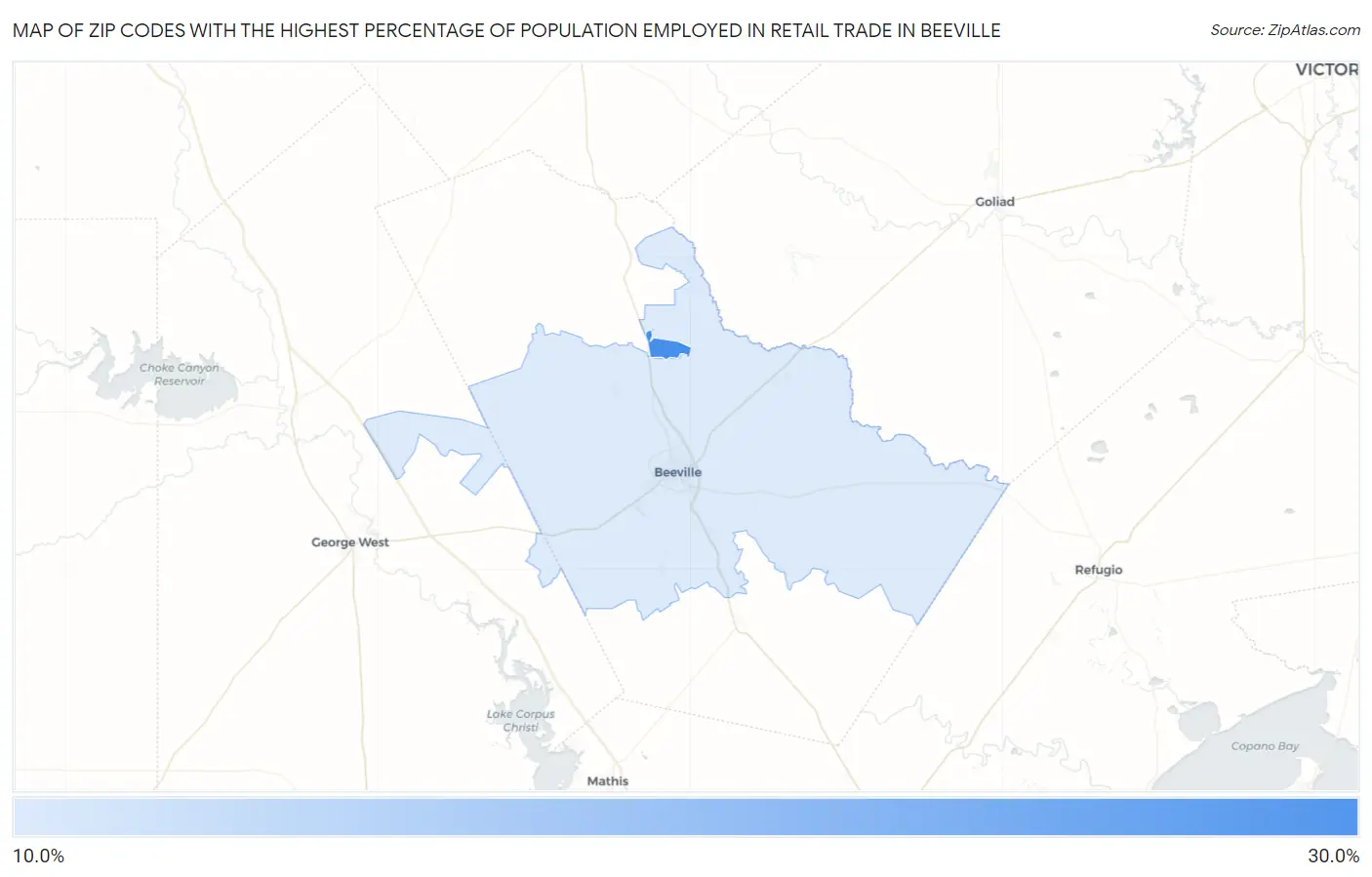 Zip Codes with the Highest Percentage of Population Employed in Retail Trade in Beeville Map