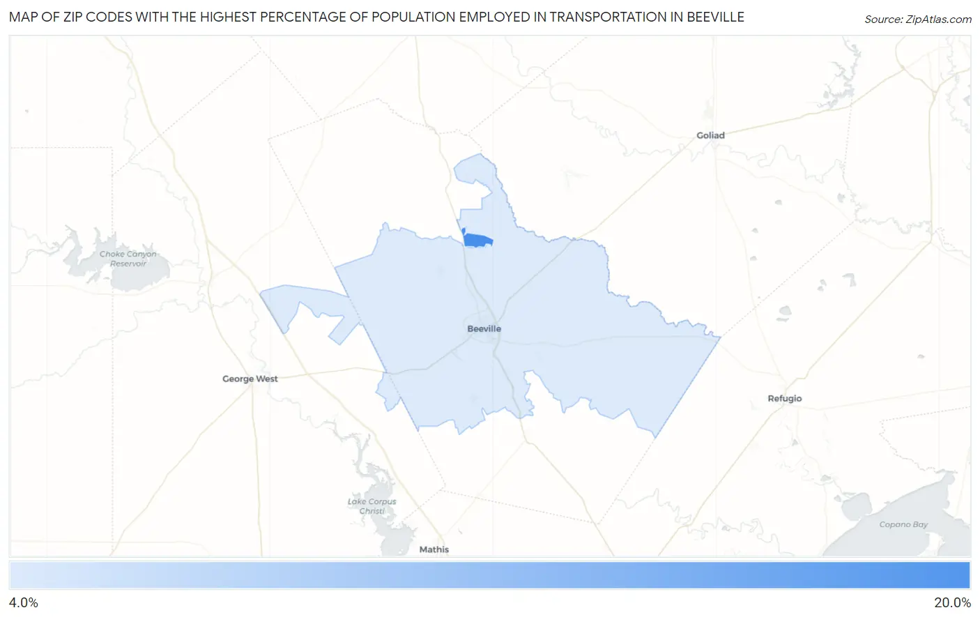 Zip Codes with the Highest Percentage of Population Employed in Transportation in Beeville Map
