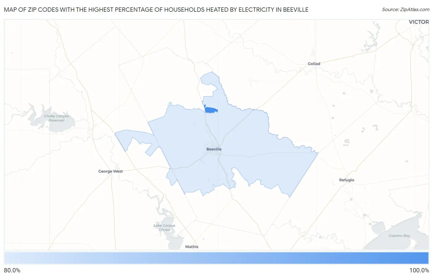 Zip Codes with the Highest Percentage of Households Heated by Electricity in Beeville Map