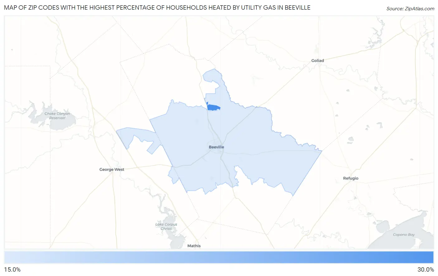 Zip Codes with the Highest Percentage of Households Heated by Utility Gas in Beeville Map