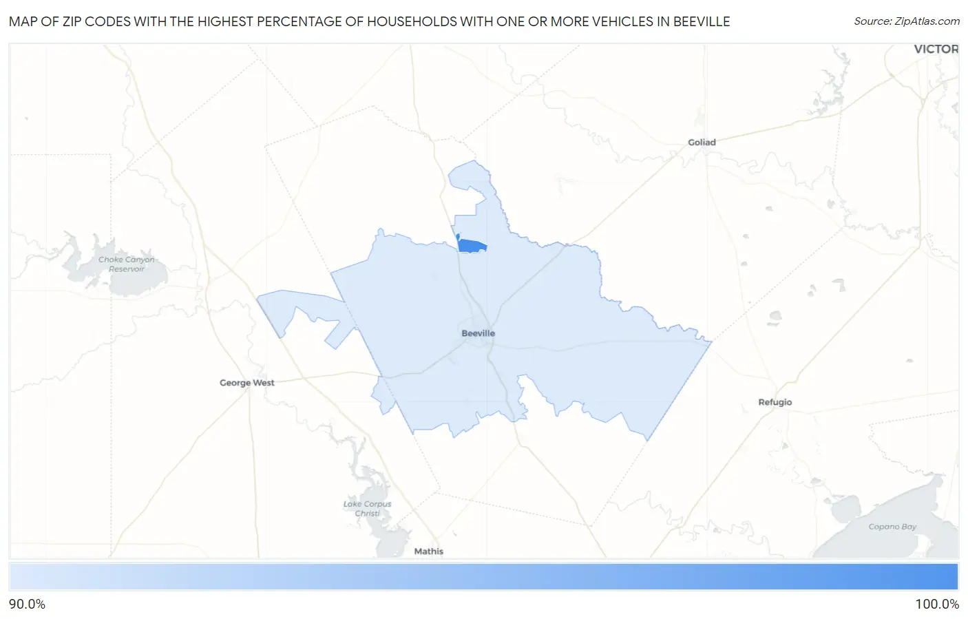 Zip Codes with the Highest Percentage of Households With One or more Vehicles in Beeville Map