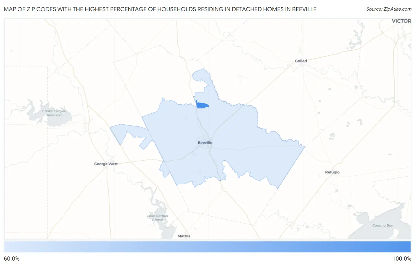 Zip Codes with the Highest Percentage of Households Residing in Detached Homes in Beeville Map