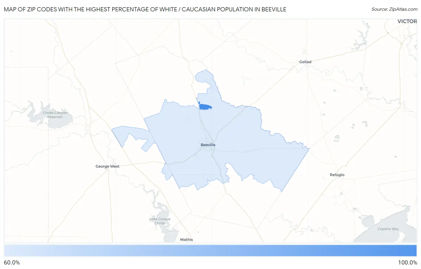 Zip Codes with the Highest Percentage of White / Caucasian Population in Beeville Map