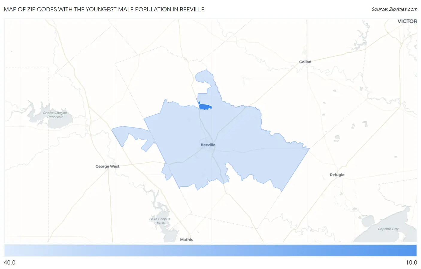 Zip Codes with the Youngest Male Population in Beeville Map