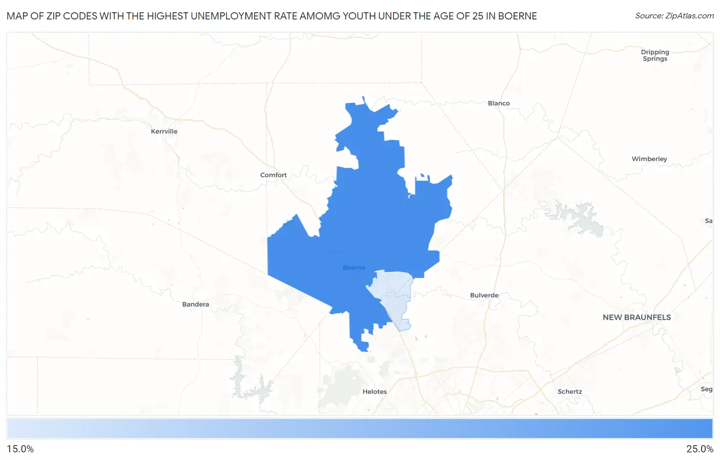 Zip Codes with the Highest Unemployment Rate Amomg Youth Under the Age of 25 in Boerne Map