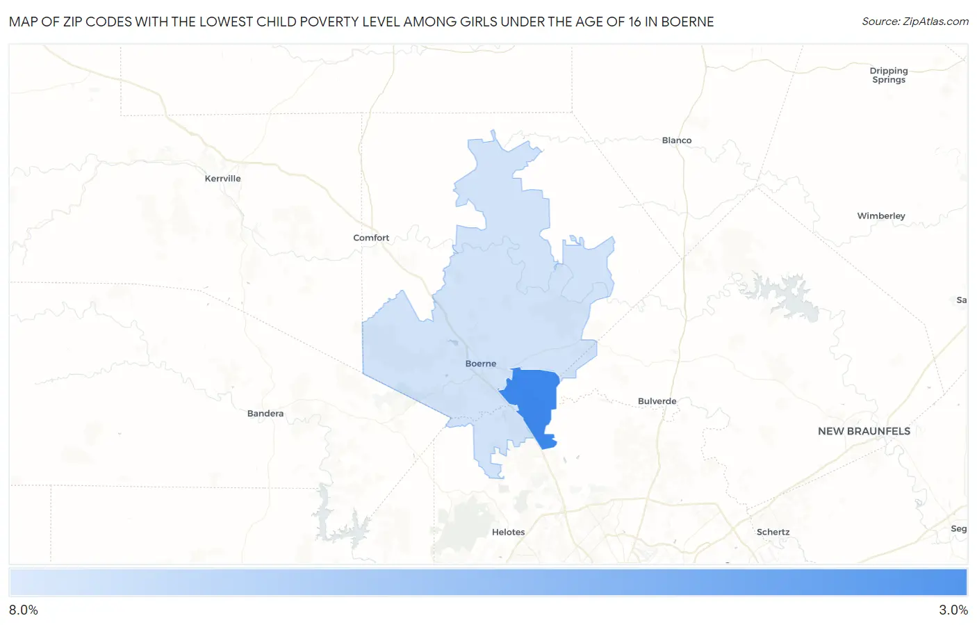 Zip Codes with the Lowest Child Poverty Level Among Girls Under the Age of 16 in Boerne Map